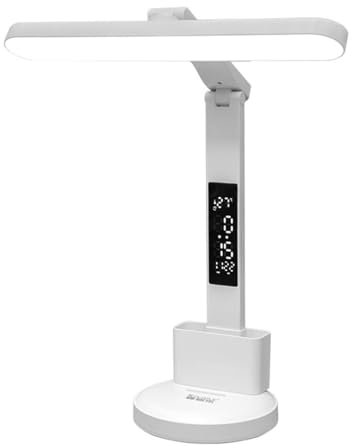 AoLa LED Dimmbare Schreibtischlampe Schwenkarm Touch Steuerung Tischlampe mit Uhr und Temperatur Anzeige 3 Lichtfarben Modi Augenfreundliche Nachttischlampe USB-Anschluss Leselicht für Kinder Weiß