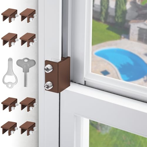Window Locks for Sliding Windows - Sliding Window Lock Security with Keys - Adjustable Sliding Door Lock - Without Drilling Easv to Install Child Locks for Sliding Door,Patio Door(8 Sets Brown)