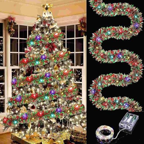Christmas Garland, 16.4FT/5M Christmas Garland Decorations with 50 LEDs Lights, Christmas Stair Garland, Artificial Christmas Wreath for Xmas Tree, Stairs, Wall, Door, Indoor Outdoor Decor