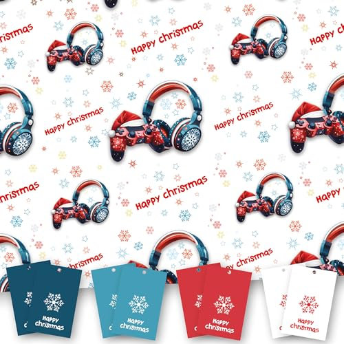 Christmas Wrapping Paper. 8 XL Sheets (50 x 70cm). Game Controller Design. Gift Wrap pack with matching Tags. Cutting grid on reverse. Printed in UK.