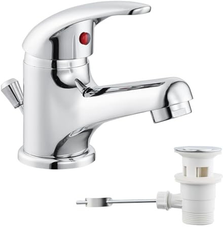 Robinet de salle de bain avec tirette - Petit robinet de lavabo à levier unique avec bonde - Mitigeur monocommande - Mini robinet de salle de bain - Mitigeur de lavabo pour salle de bain d'invités