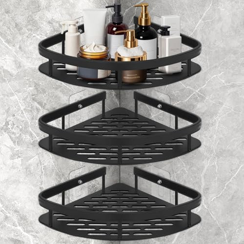 Suimlmta 3 Pack Corner Shower Caddy, No Drill Shower Shelf Organiser Black Aluminum Bathroom Shelves Wall Mounted Storage Basket Rack Fit for Showers Toilet Dorm Kitchen