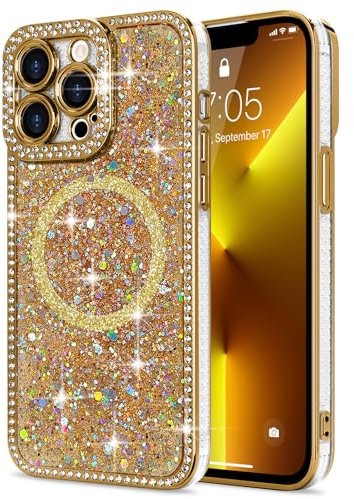 Lafunda Glitter Case for iPhone 13 Pro Max Compatible with Magsafe, Sparkly Bling Diamonds Phone Case for Women Girls Soft TPU Slim Bumper Anti-Scratch Shockproof Magnetic Protective Cover-Gold