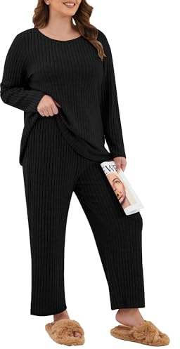 TIANZHU Plus Size Pajamas for Women UK Ribbed Nightwear Set Long Sleeve Top Wide Leg Pants with Pockets XL-4XL