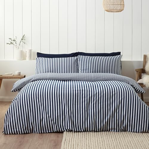 Catherine Lansfield Brushed Cotton Stripe Reversible Super King Duvet Cover Set with Pillowcases Navy Blue