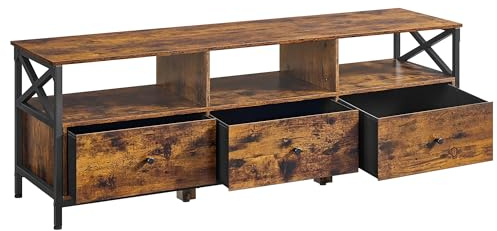 VASAGLE Mobile TV, Tavolino Porta TV fino a 65 Pollici, con 3 Cassetti, 3 Scomparti Aperti, 147 x 40 x 50 cm, Soggiorno, Camera da Letto, Struttura in Acciaio, Marrone Vintage e Nero LTV304KD01 | DAXTON LTV304KD01 - Supporto per TV, 3 ripiani, telaio in acciaio, marrone rustico e nero, collezione DAXTON LTV304KD01
