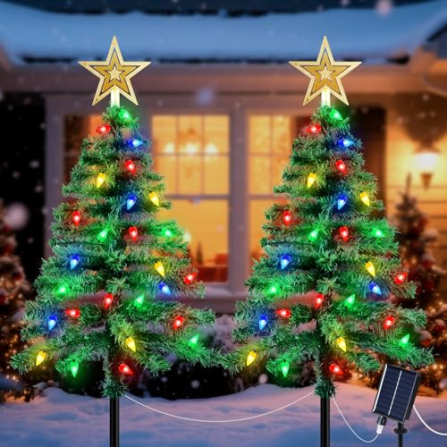 Ninonly Árbol de Navidad con Luces Solar, 2 Piezas Árboles con 100 LED Guirnalda Luces Solares de Fresa Exterior Impermeable, Decoracion Navidad para Patio Césped Fiestas Jardin