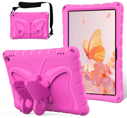 Kinder-Schutzhülle, kompatibel mit Kindle Fire HD10 (2021/2023), Schmetterling-Design, EVA, leicht, freundlich, stoßfest, niedlich, mit Ständer und Schultergurt, Rosenrot