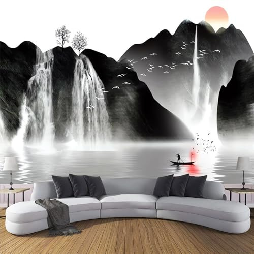 Papier Peint Panoramique style de peinture à l'encre 450 x 356 cm - Revêtement Mural Décoration Pour Chambre Salon Cuisine - 3D Peinture Murale Interieur Paysage Chutes d'eau montagnes - Noir et blanc