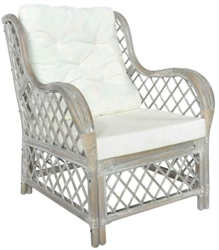 Teenpull Sessel mit Kissen Grau, Natürliches Rattan und Leinen, 71x82x89 cm, für Wohnzimmer, Bequeme Couch Relaxliege, Polstersessel
