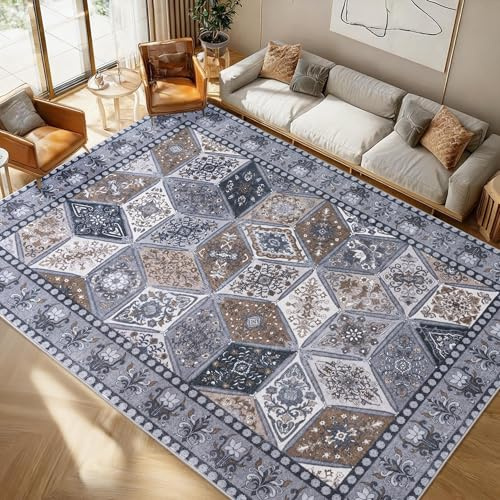 Calinline Dunkelgrau Großer Boho Kurzflor Wohnzimmer Teppich, 120x160 cm | Vintage Schlafzimmer Teppich Orientalisch Waschbar, Geometrisch Rutschfester Teppiche, Rauten Muster Wohnzimmerteppich
