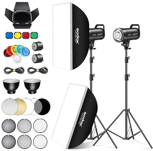 Godox 2Pack SK400IIIV 400Ws Kit Luce LED Video 5700±200K Set Luce Continua con Treppiede,Softbox con Griglia Riflettore Standard Bowens Mount per Studio Riprese Video Livestreaming, Podcast (2 Pz)