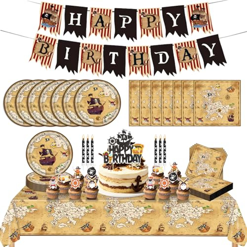 Ezydka Piraten Deko Kindergeburtstag Partygeschirr Set Piratengeburtstag | Geburtstagsdeko mit Banner Pappteller Servietten Tischdecke Cupcake Toppers für Piratengeburtstag Piratenparty, Tischdeko(A)