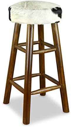livasia Ziegenfell Barhocker mit Teakholz, Barhocker aus Java, Thekenhocker, Fellbarhocker (Ziegenfell - Barhocker - Schwarz - Weiß)