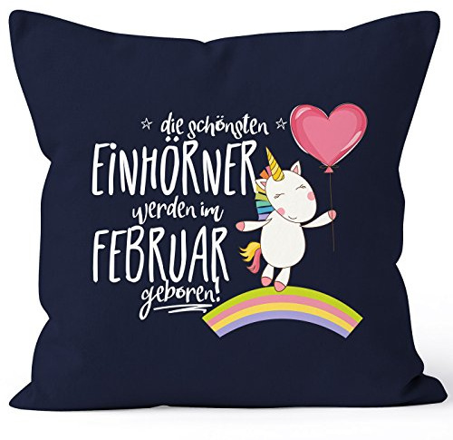 MoonWorks Kissenbezug die schönsten Einhörner Werden im Februar geboren 40x40 Baumwolle Geschenk Geburtstag Unicorn Navy 40cm x 40cm