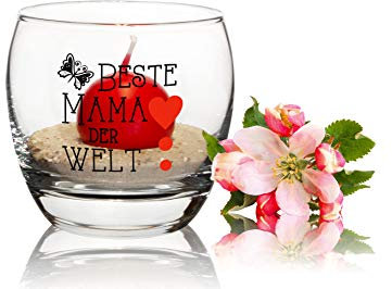 Beste Mama der Welt Windlicht Glas mit Sand und Kugelkerze rot | Teelicht mit Kerze Geschenkidee für Mama | Muttertagsgeschenk Weihnachten Geburtstag Glückslicht