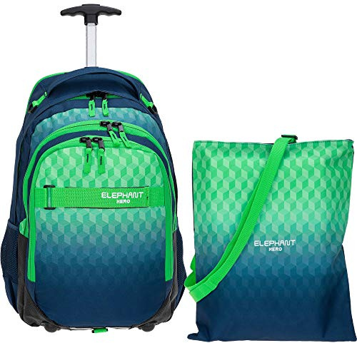 Elephant 2 Teile Set Trolley Hero Signature Trolleyrucksack 12610 + Turnbeutel Attach Bag (Cube (Grün-Blau))