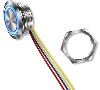 Metzler ultraflacher Edelstahl Drucktaster rostfrei IP67 - Einbau Durchmesser Ø 19 mm - Tastend - LED Blau