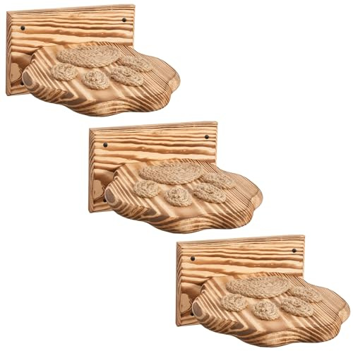 NOVECRAFTO Set Of 3 Climbing Cat Wall Shelves Steps In Paw Shape - Durable & Solid Wood Cat Wall Furniture With Traction Ropes - Handmade Wooden Step 8.2x7.8 (21x20 cm) for Climb, Scratch, Rest