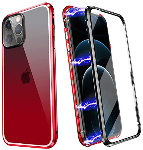 YUNQE Phone Case for iPhone 12 Pro Max,Screen Protector Free and Luxury Double Sided Protective Cover Metal Frame Hard Magnetic Phone Case Full Body with Camera Lens Protector, Red Black