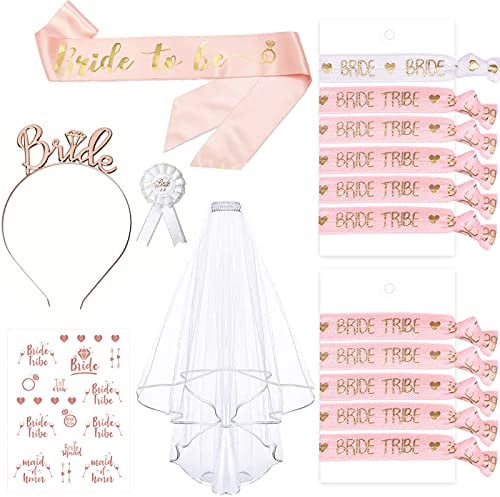 16PCS Gadget Sposa to Be Kit Accessori Velo Sposa Decorazione per la notte delle ragazze, 10 Team Sposa Bracciali, 1 Sposa to Be Bracciali, Velo, Spille, Tatuaggi, Cerchietto Tiara