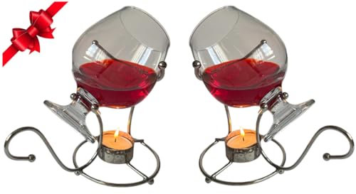 Set of 2 Brandy Warmer Set with Glass Brandy Cognac Snifter Silver with Tea light