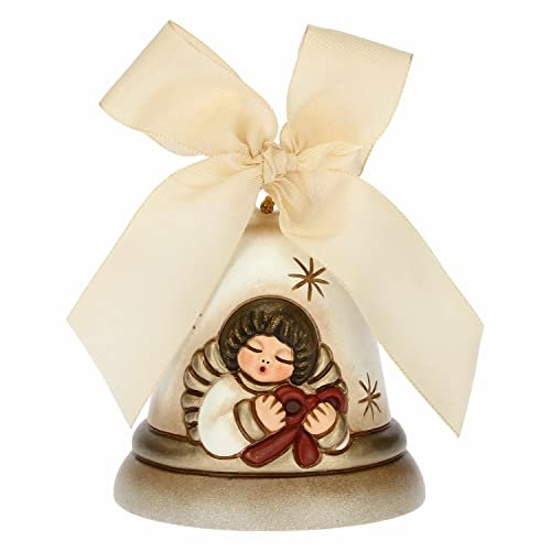 THUN - Weiße Glocke Limited Edition 2021 mit Engel - Keramik und Organza-Band - Weihnachtslinie - Wohnen, Dekorieren des Hauses - Ø 7 cm; 8 cm h; beigees Band 45 cm
