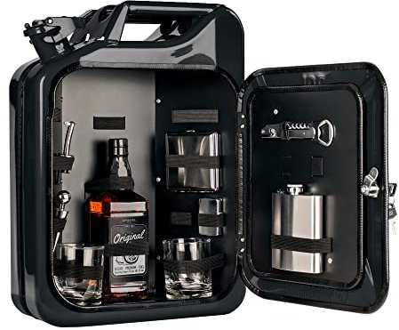 AMAVEL Bidon à essence noir de 20 l, avec kit d'accessoires de 8 pièces, armoire de bar avec 2 verres et porte-bouteilles, mini bar