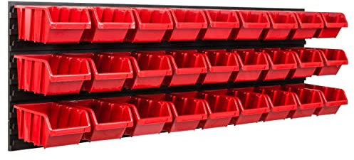 Lagersystem Werkstattregal | 115 x 39 cm | 27 stck. Box | Wandregal mit Stapelboxen - Wandplatten Extra Starke Schüttenregal Warkzeuglochwand Lagerregal Garage Regal
