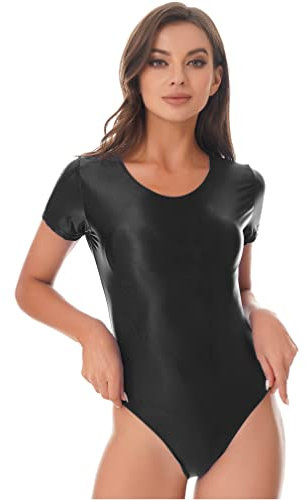 MSemis Damen Sportbody Kurzarm Ballett Gymnastik Tanz Trikot Glänzende Bodysuit Frauen Yoga Fitness Leotard Einteiler Unterhemd Overall Schwarz XL