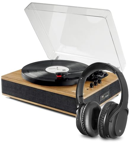 Fenton RP162LW Bluetooth Record Player with Audizio ANC110 Wireless Headphones, Vinyl Turntable with Built-in Speakers, Active Noise Cancelling Headphones, USB MP3 Recording, Light Wood Finish