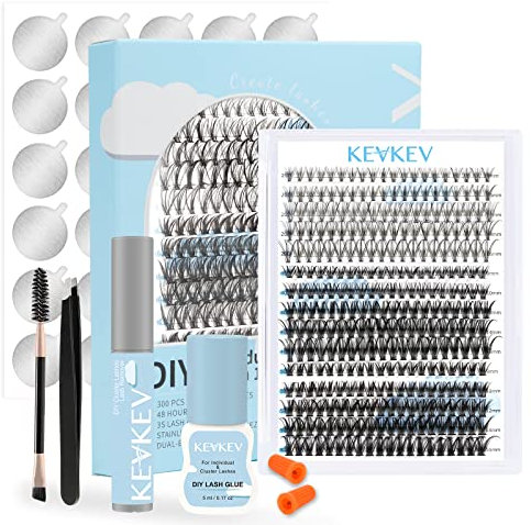 DIY Lash Extension Kit Lash Clusters Kit with 300Pcs Individual Lashes 5ml Clear Cluster Lash Glue Remover Lash Applicator for DIY Eyelash Extension at Home(20D+40D+50D-9-16Mix&Clear Glue)
