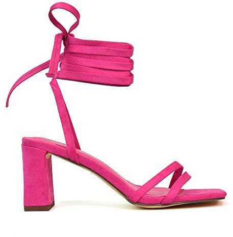 Womens Lace Up Strappy Ankle Strap Sandals Ladies Fuchsia Mid High Block Heel Square Toe Shoes Size 5