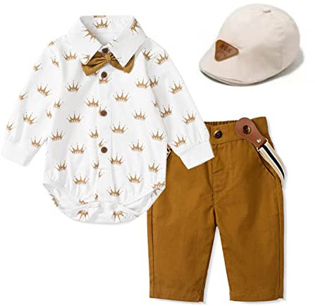 Volunboy Bebe Garçon Costume Gentleman, Noeud Papillon Chemise Carreaux + Pantalon 4 Pièces(9-12 mois,Couronne Blanc,Taille 73)