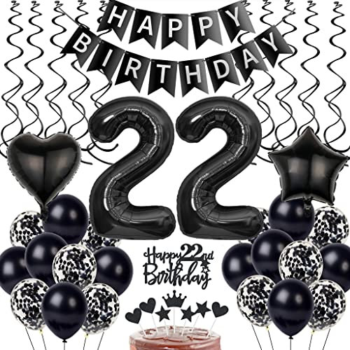 Schwarz 22. Geburtstag Dekoration, Luftballon 22. Geburtstag Deko, Schwarz Tortendeko 22 Jahre Mann, Deko 22. Manner Frau, Deko 22. Ballons