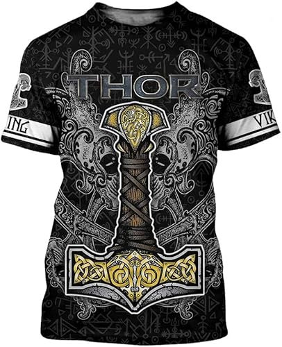Viking Crew Neck T-shirts Norse Thor's Hammer Tattoo Tshirt Short Sleeve Summer Quick Dry Gym Workout Running Tshirt (Color : Mjolnir, Size : 4XL)