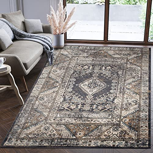 Mazovia Orientalisch Teppich - Traditioneller Teppich für Wohnzimmer, Esszimmer - Orient Teppiche Ornament - ÖKO-TEX Wohnzimmerteppich Grau Schwarz - 80 x 150 cm