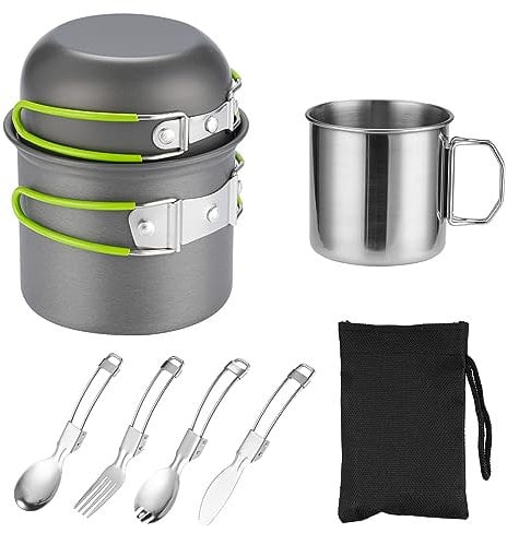 Camping Cookware Mess Kit for 1 People,ISFORU Camping Non-stick Cooking Set include Backpack Pot and Pan Set with 304 Stainless Steel Cup and Utensil Set for Traveling Trekking and Hiking
