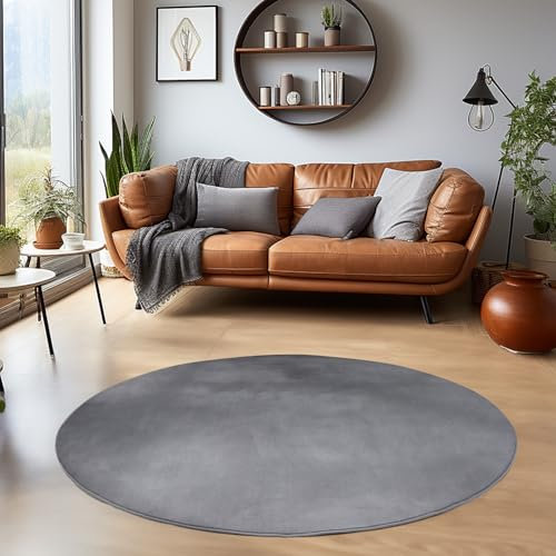 HomebyHome Kurzflor Teppich Wohnzimmer 120 cm Rund Grau - Waschbarer Teppich für Schlafzimmer, Esszimmer und Ideal als Küchenteppich - Flauschiger Teppich Extra Weich, Einfarbig, rutschfest, Modern