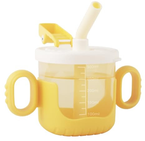 nohlerlife Trinklernbecher für Kinder mit Deckel und Strohhalm, Frei fließender Becher, Baby Trinklerntasse Offener Becher mit Griffen Auslaufsichere Lecksicher, Baby Strohbecher Cup 300ml