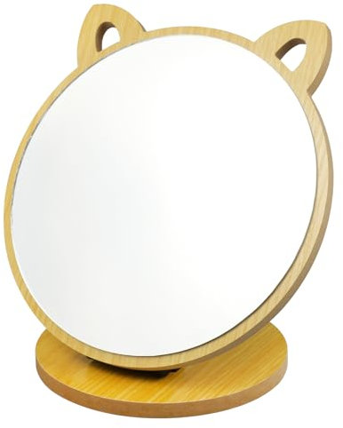 AhCor Katzenohr Schminkspiegel Falten Holzrahmen Tischspiegel Einstellbarer Winkel Kleiner Spiegel Kosmetik Spiegel Schminkspiegel im süßen Stil, Geeignet für Schlafzimmer und Wohnzimmer