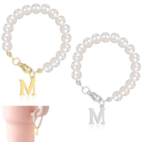 2pcs Letter Charms for Stanley Cup, Alphabet Pendant Tumbler Pearl Handle Charms Chain Personalized Name ID Initial Letter Decorations for Stanley Tumbler Accessories(Letter M)