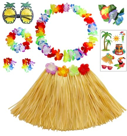 HBell Juego de 8 piezas de disfraz de falda hawaiana de hula de 40 cm, falda de hierba hawaiana, ocio hawaiano, gafas de piña para niños, suministros de disfraces de verano, playa, decoraciones de