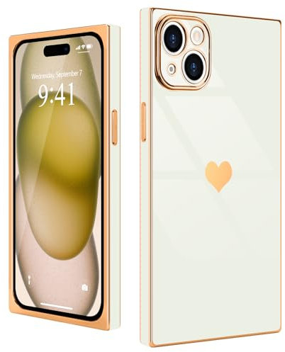 Urarssa for iPhone 15 Plus Case Cute Rectangle Heart Pattern Luxury Gold Plating Cases Women Girls Shockproof Bumper Silicone Protective Cover for iPhone 15 Plus-White