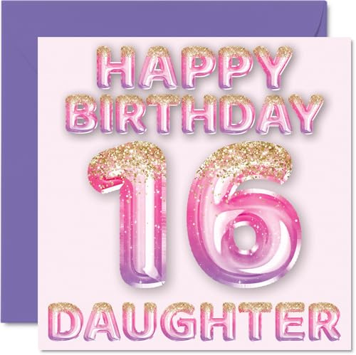16th Birthday Card for Daughter, Pink & Purple Glitter Balloons | Happy Birthday Cards for 16 Year Old Daughter from Mum or Dad Parents, 145mm Bday Greeting Cards Gift
