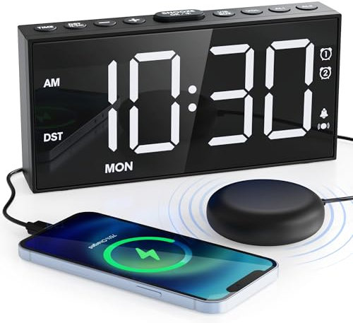 Mesqool Extra Loud Alarm Clock with Bed Shaker, Vibrating Alarm Clock for Heavy Sleepers, Hearing Impaired and Teenagers, with Dual Alarm, Large Display, USB Charger, Dimmer, Snooze