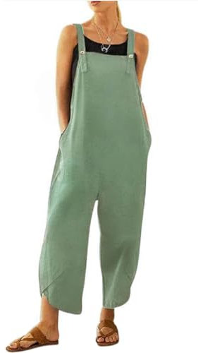 Brong Tuta da donna, salopette casual allentata, morbida tuta da donna in cotone e lino, tuta larga con spalline regolabili e tasche, Verde chiaro, XXL