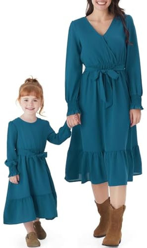 PATPAT Mutter Tochter Kleid Set Langarm Stitching Einfarbig Familienoutfits, Kleider für Mädchen Partnerlook, Mama Tochter Strandkleid, Mutter Baby Partnerlook, Grün Damen: XL