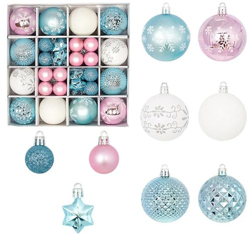 44 Pcs Christmas Tree Baubles Set - Shatterproof Ball Ornaments, Glittering Decorative Pendant for Xmas Party Festival Wedding Decor - Pink, Blue, White