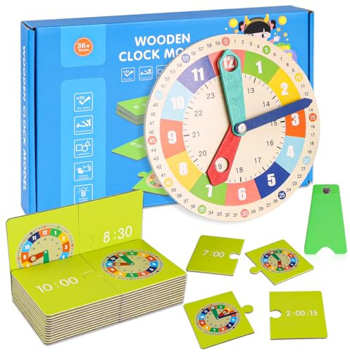 Connextion Holz Lernuhren Kinder, Lernspielzeug Uhr mit 15 Fragekarten, Uhr zum Lernen für Kinder ab 3 Jahren, Grundschule Schulbedarf Knobelspiele Förderspiele, Geschenke zur Einschulung